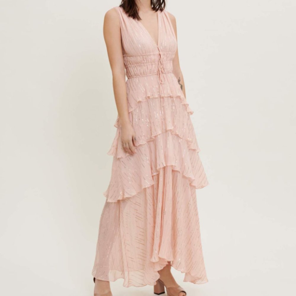 Maje Rufflinette Pink/Gold Metallic Maxi Dress